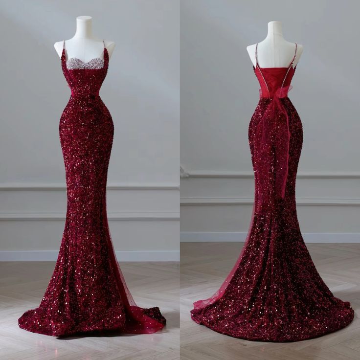 Elegantes Meerjungfrauen-Kleid mit Spaghettiträgern, burgunderroten Pailletten, langes formelles Abendkleid, Ballkleid, Kleid zum 18. Geburtstag AB1305