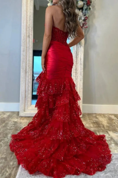Robe de bal sirène modeste en dentelle rouge fendue et décolleté en cœur, robe de bal d'inspiration, robe de remise de diplôme RB1165
