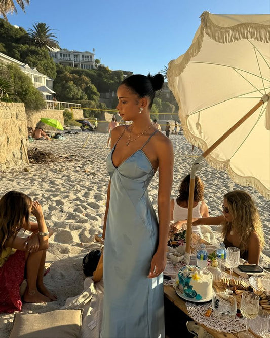 Simple Mermaid Spaghetti Strap Blue Maxi Dress Satin Long Beach Summer Garden Inspiration Wedding Guest Dresses N2482
