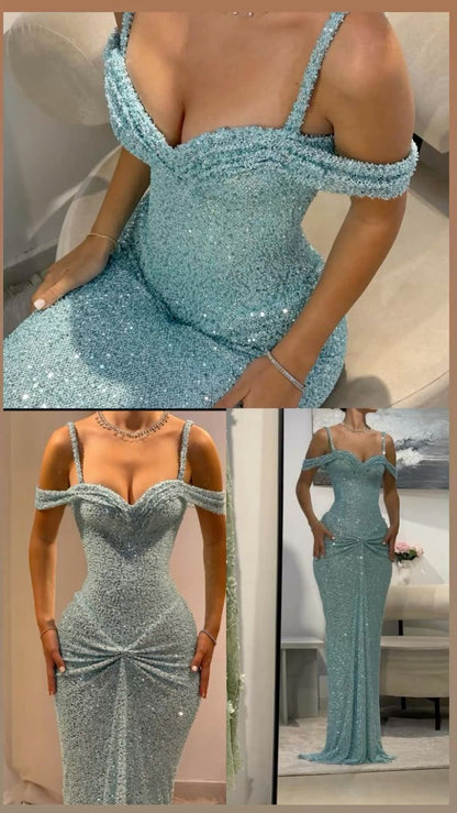 Glitzerndes, figurbetontes Kleid mit blauen Trägern und Pailletten, langes Ballkleid im Meerjungfrauen-Stil für Damen N4113