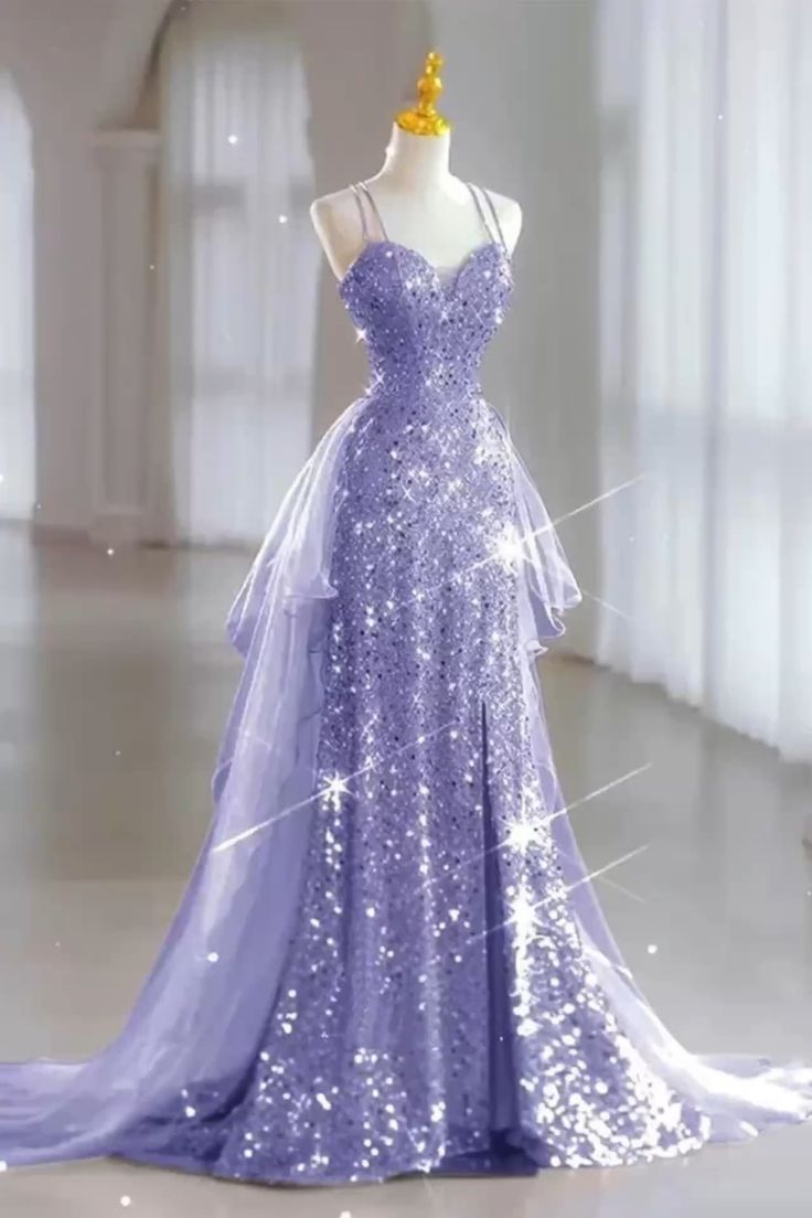 Robe de soirée sirène chic à fines bretelles et sequins lilas, longue et élégante, idéale pour les bals de fin d'année et les dîners. Parfaite pour les adolescentes (AB2172).