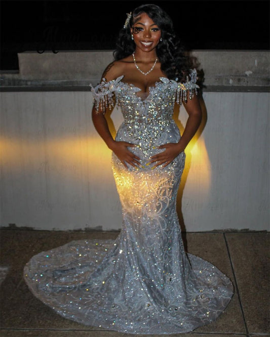 Dubai Arabic Silver Beading Prom Dresses for Black Girls Off Shoulder Wedding Reception Gown Shiny N1867