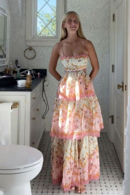 Elegant Spaghetti Straps Floral Print Ruffles Long Prom Dress Party Gowns AB484