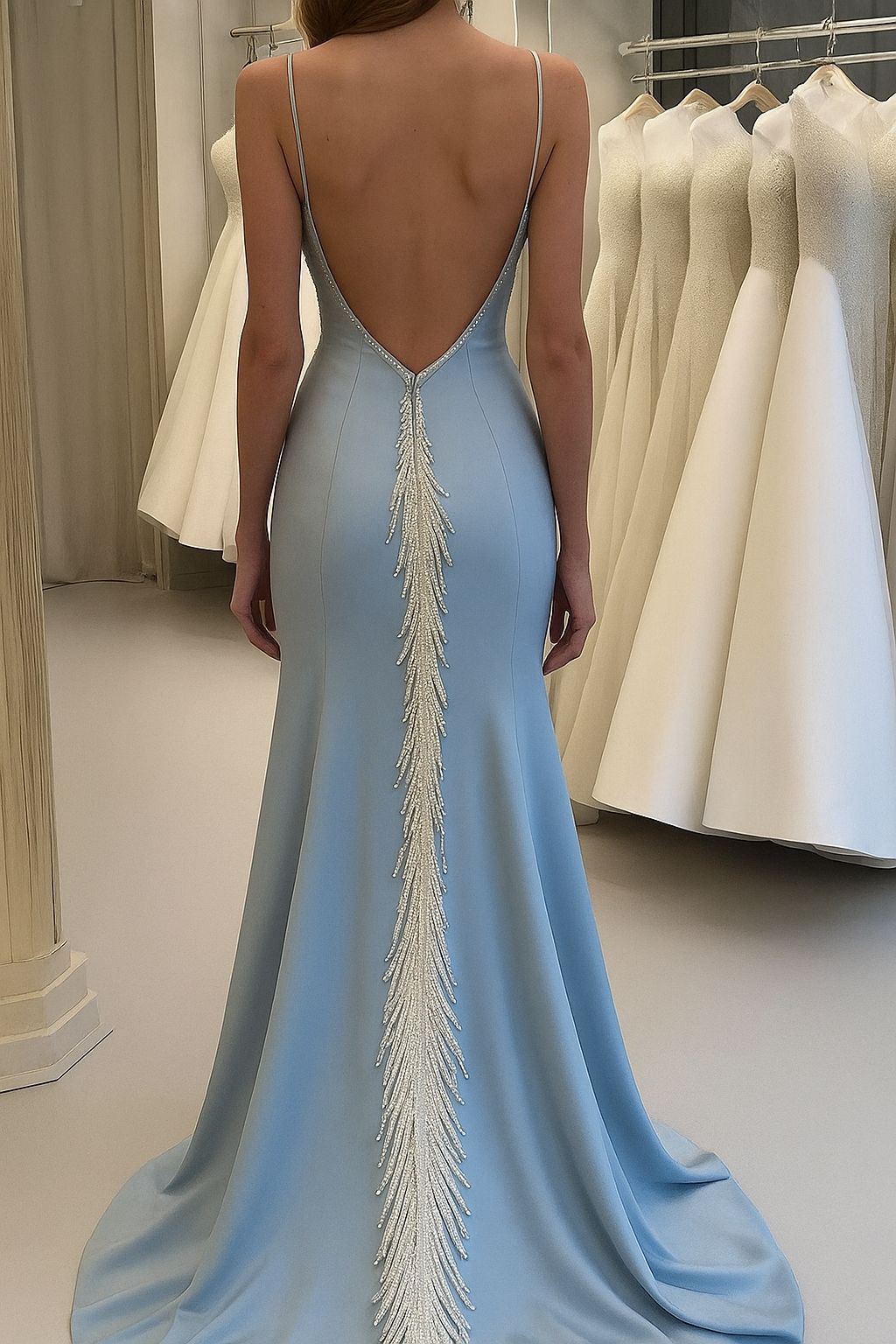 Meerjungfrauen-Abendkleid mit Schleppe, blau mit Perlen besetzt, eleganter Meerjungfrauen-Stil, festliches Kleid im Promi-Stil für Damen AB1454