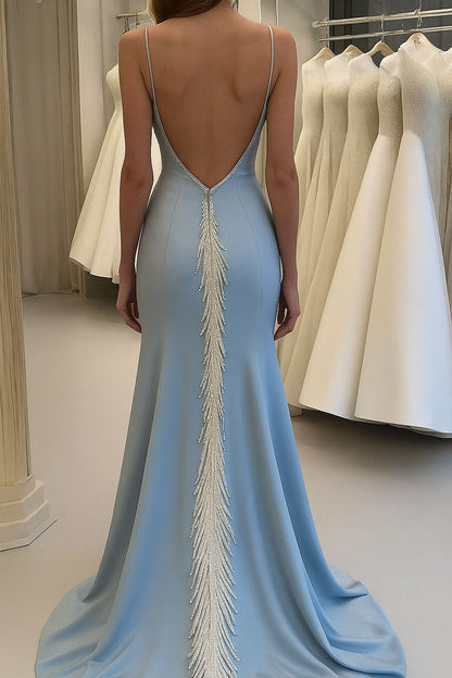 Meerjungfrauen-Abendkleid mit Schleppe, blau mit Perlen besetzt, eleganter Meerjungfrauen-Stil, festliches Kleid im Promi-Stil für Damen AB1454