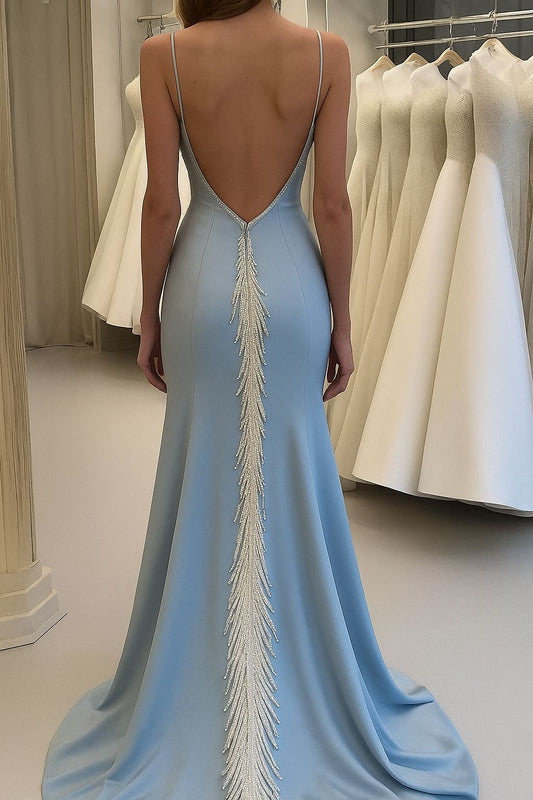 Mermaid / Trumpet Court Train Blue Beadings Prom Dresses Evening Gown Mermaid Formal Dress Elegant Celebrity Style For Women AB1454