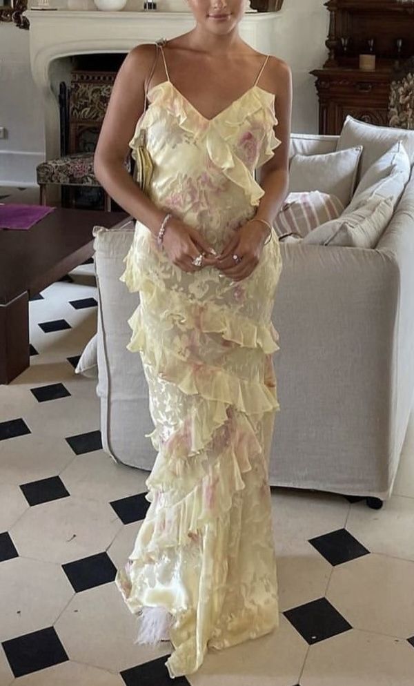 Einzigartiges Meerjungfrauen-Abendkleid mit Spaghettiträgern aus gelber Spitze und Chiffon, langes Partykleid zum 21. Geburtstag, Abschlusskleid N901