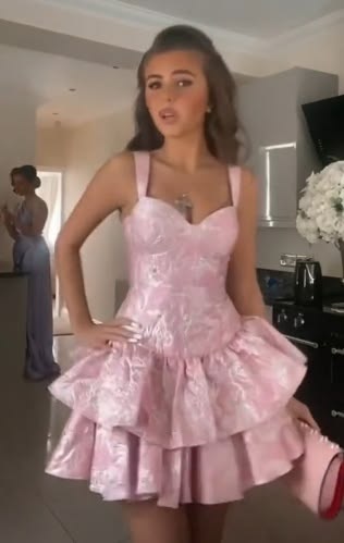 Mignonne Robe d'été courte rose à bretelles coupe trapèze pour anniversaire, robe de bal, tenue d'anniversaire, mini-robes de soirée pour 19e anniversaire RB4157