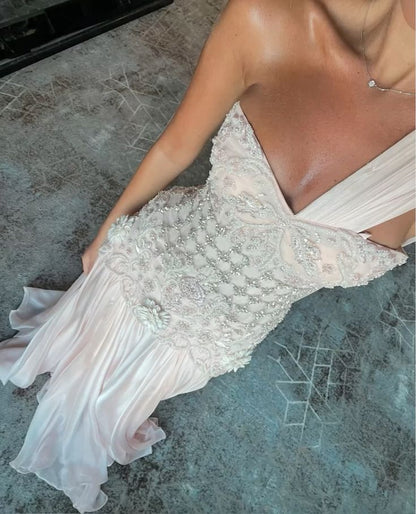 Robe de bal sirène luxueuse à une épaule en mousseline rose sans manches ornée de perles, longueur au sol, robe de remise de diplôme N889