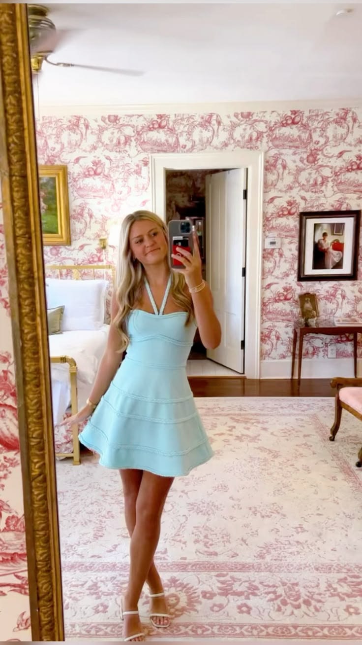 Simple A line Halter Blue Birthday Outfits Mini Party Gown inspo Short Cocktail Hoco Dresses RB6069