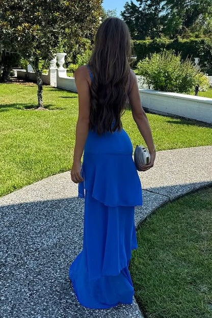 Robe de bal longue jaune sirène à fines bretelles et volants, idéale pour un anniversaire (AB2309)