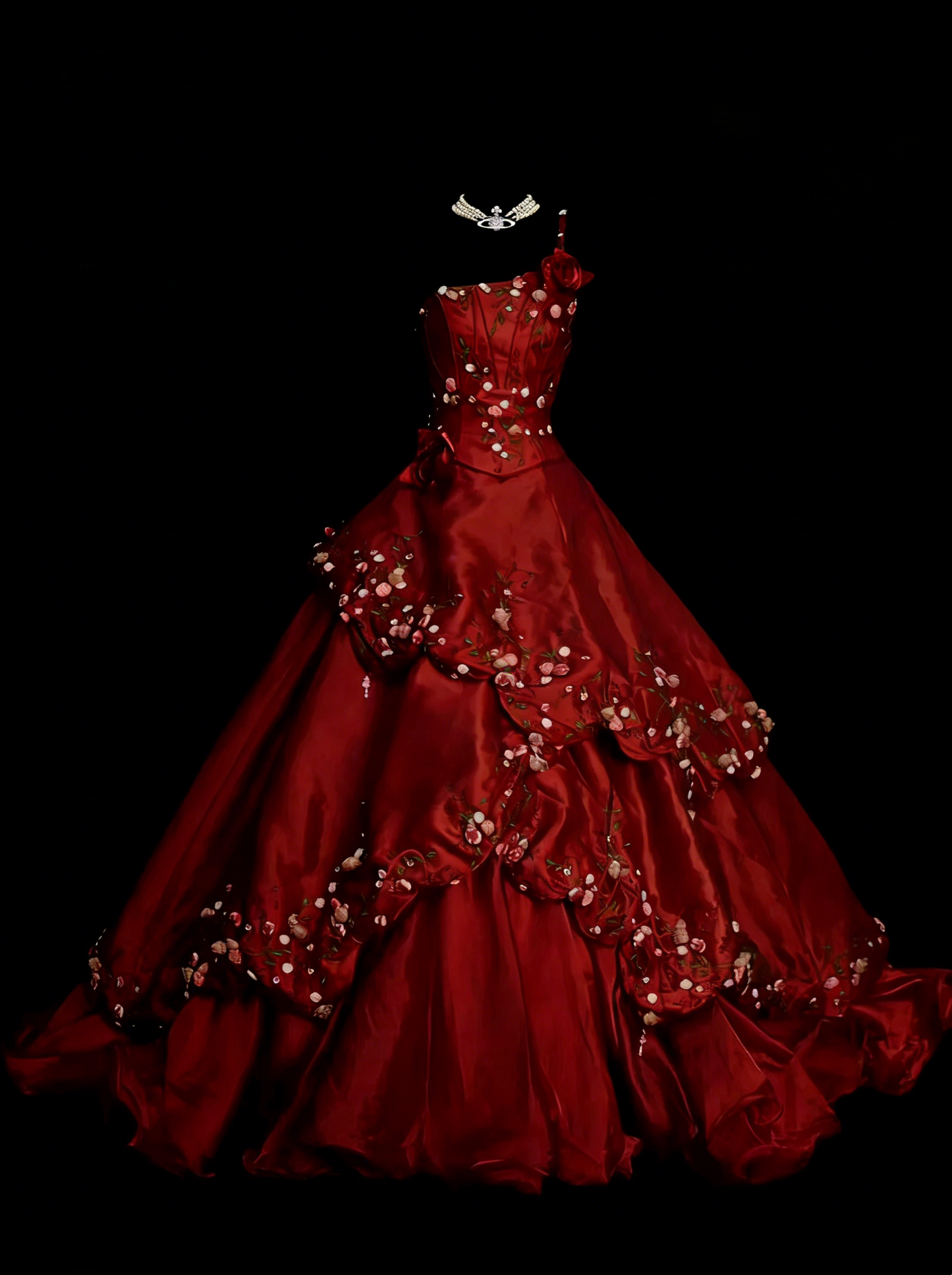 Robe de bal élégante en satin rouge foncé asymétrique avec volants à étages, robes de soirée longues, robes de bal de fin d'année N2241