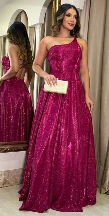 Elegantes, einseitig schulterfreies, fuchsiafarbenes Paillettenkleid in A-Linie mit offenem Rücken für Teenager, ideal für Abschlussball, Abendpartys und festliche Anlässe wie den 18. Geburtstag (AB793).