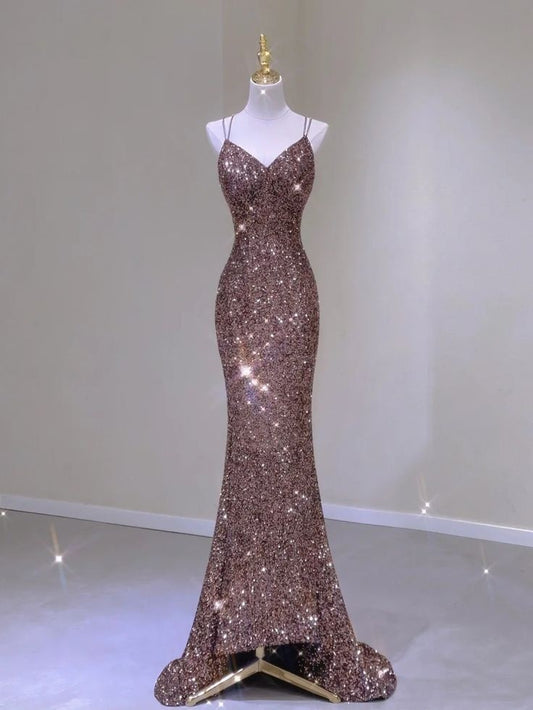 Elegantes Meerjungfrauenkleid mit Spaghettiträgern und Pailletten für Teenager, Abschlussballkleid, langes formelles Abendkleid, Outfit zum 21. Geburtstag AB1427
