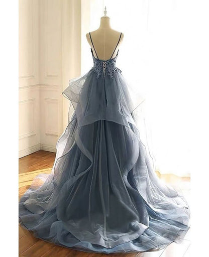 Magnifique robe de bal bleue à col en V, dentelle à sequins et volants, bretelles N1783