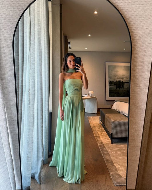 Modest A line Strapless Mint Green Chiffon Prom Dresses Inspo Simple Long Prom Gowns With Scarf AB265