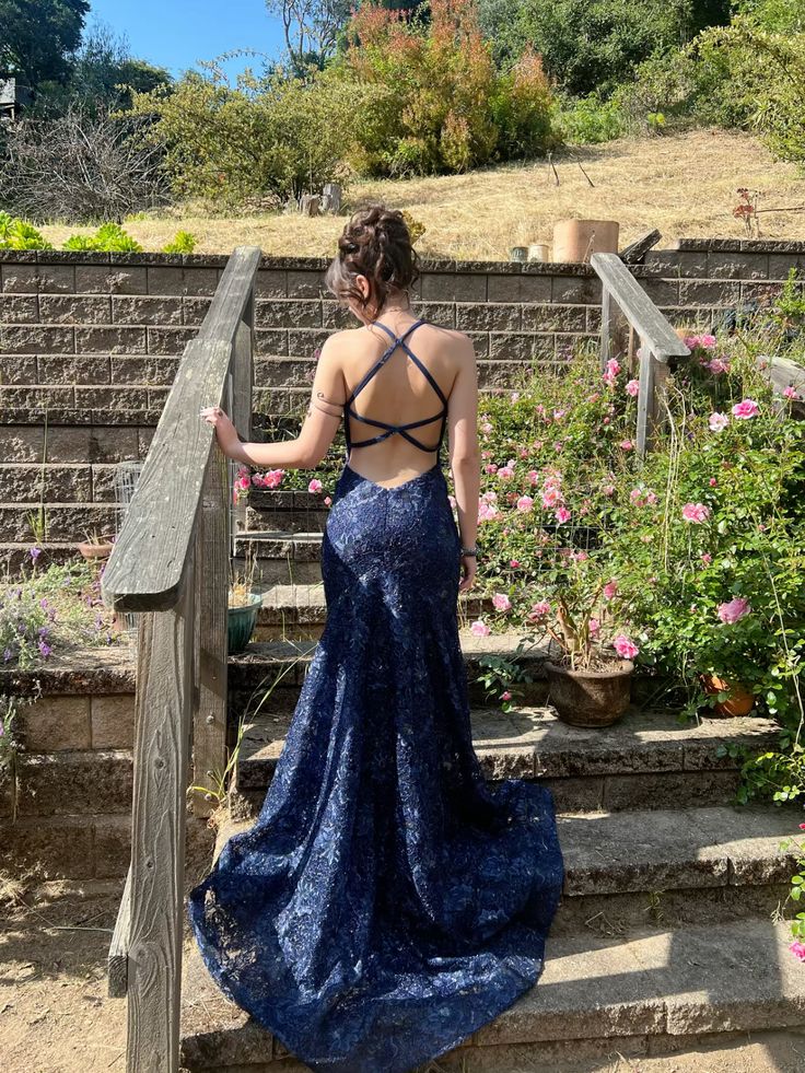 3D Floral Embroidered Strappy Back Trumpet Dress Prom Dresses Backless With Sweep Train AB1578