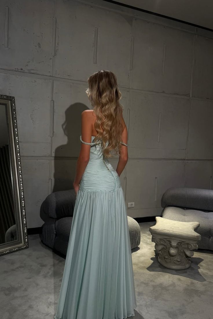 Romantisches schulterfreies Chiffon-Abendkleid, ärmellos, mit Perlen und Falten, Abschlusskleid N898