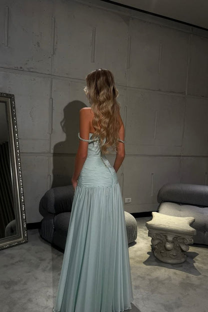 Romantisches schulterfreies Chiffon-Abendkleid, ärmellos, mit Perlen und Falten, Abschlusskleid N898