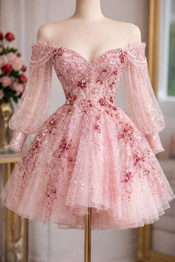 Wunderschöne kurze Homecoming Kleider Ballkleid Schulterfrei Pailletten Pink Semi Formal Abschluss Hoco Outfit RB4669