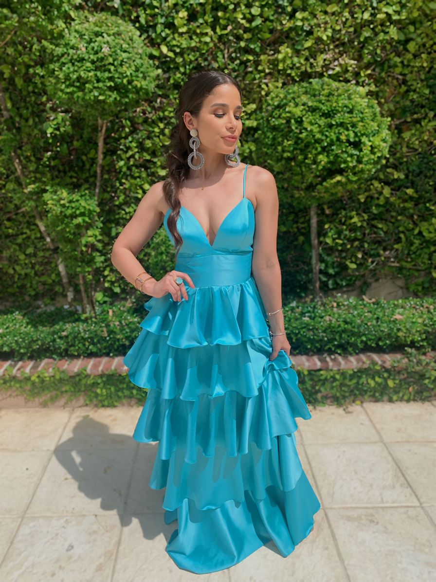 Classy A Line Dark Royal Blue Spaghetti Strap Tiered High Waist Prom Dresses AB200