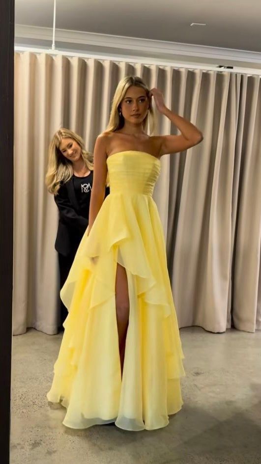 Modest Yellow Strapless A-Line Prom Dresses With Slit Prom Gown AB201
