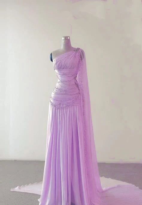 Robe de soirée longue en mousseline rose, élégante, asymétrique, fourreau, épaule dénudée, idéale pour un bal de promo ou une cérémonie (AB525)