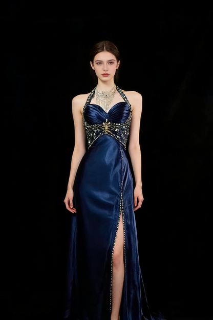 Luxury Mermaid Navy Blue Beaded Slit Evening Dress Formal Prom Dress For Party Gown AB328
