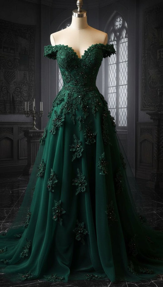 Vintage smaragdgrünes A-Linien-Kleid mit Spitzenapplikationen für Damen, Partykleid, formelles Ballkleid, Sweet 16-Kleid, 22. Geburtstagskleid AB1427