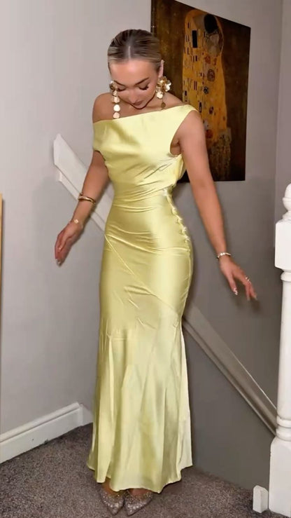 Sexy gelbe Satin-Meerjungfrauen-Abendkleider schulterfrei für Damen N4186