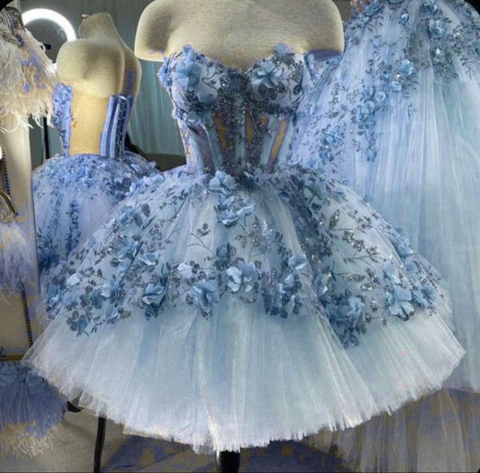 Cute Ball Gown Sweetheart Blue Tulle With Flowers Mini Short Inspo Hoco Dress Ideas Homecoming Dresses RB4152