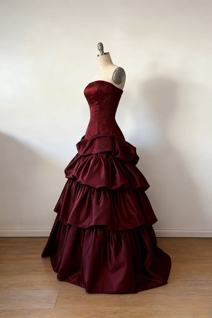 Gorgeous A-Line Burgundy Prom Dress Satin Strapless Long Evening Dress Sleeveless Occasion Dress N1867