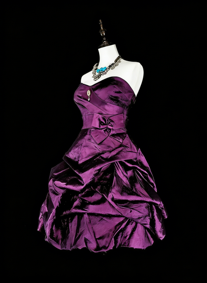 Jolie Robe de Bal Courte sans Bretelles en Satin Violet pour Bal de Promo, Robe Courte de Soirée N2713