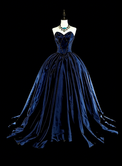 Robe de bal vintage bleu marine en tulle, décolleté cœur, style années 80, robe de soirée formelle, robe de bal longue N1755