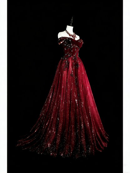 Robe de bal vintage style années 50, robe de bal rétro élégante à épaules dénudées bordeaux longue avec appliques N1995