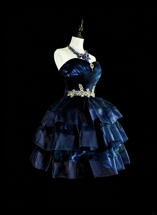 Pretty Ball Gown Strapless Navy Blue Tulle Graduation Short Mini Homecoming Dresses Hoco Dress N2718