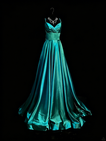 Chic A line Spaghetti Strap Blue Satin Long Party Dresses Prom Dresses Impress Wedding Guest Dress N910
