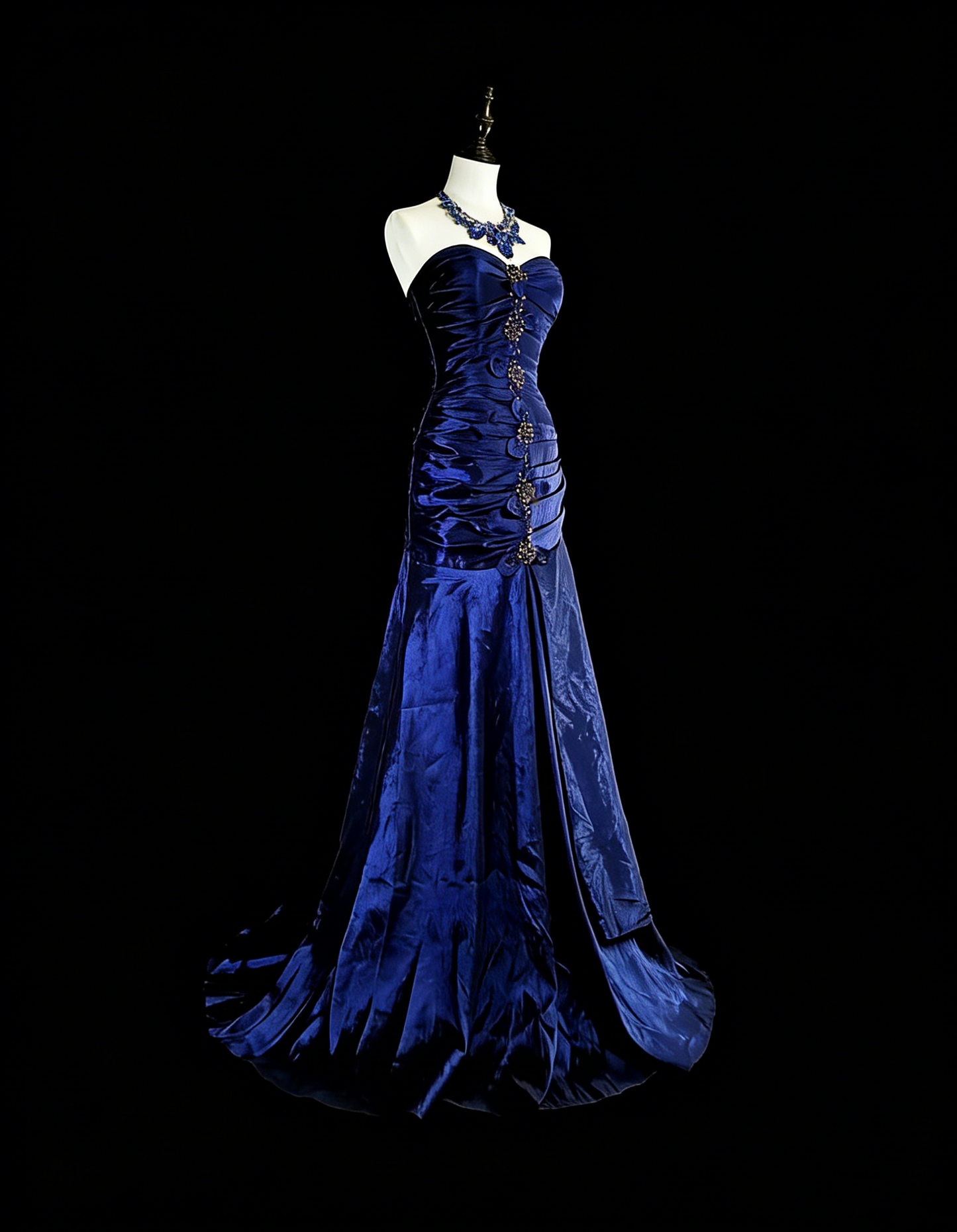 Vintage Meerjungfrauen-Abendkleid aus königsblauem Satin im Stil der 80er Jahre, formelles Geburtstagskleid, langes Ballkleid N1756