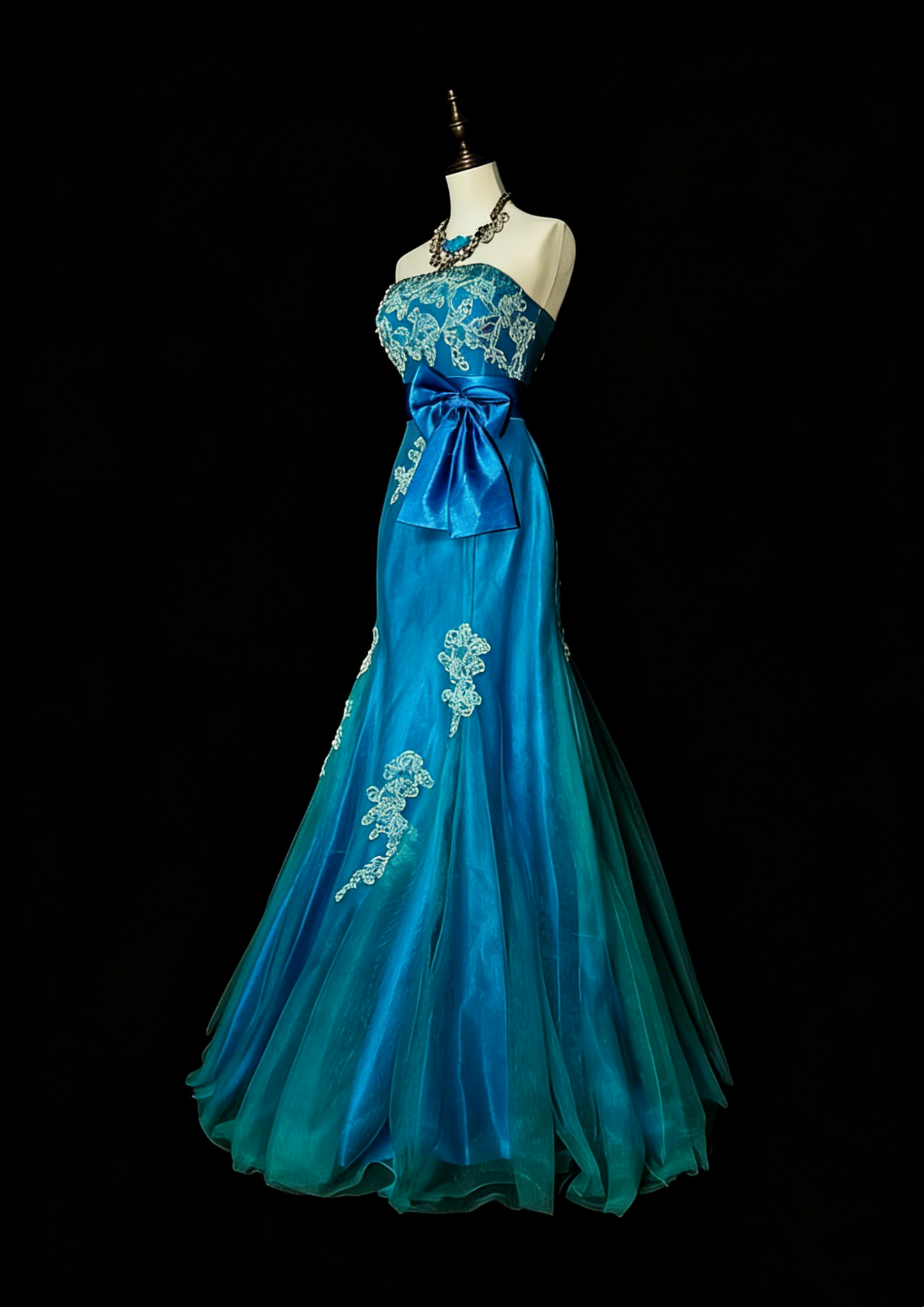 Vintage Meerjungfrauen-Kleid, trägerlos, blau, 2000er Jahre, mit Applikationen, langes, formelles Abendkleid N1359