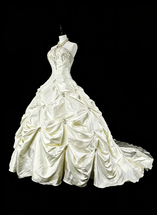 Vintage Wedding Dresses Ball Gown Strapless White Taffeta With Beading Long Bridal Gown N3075