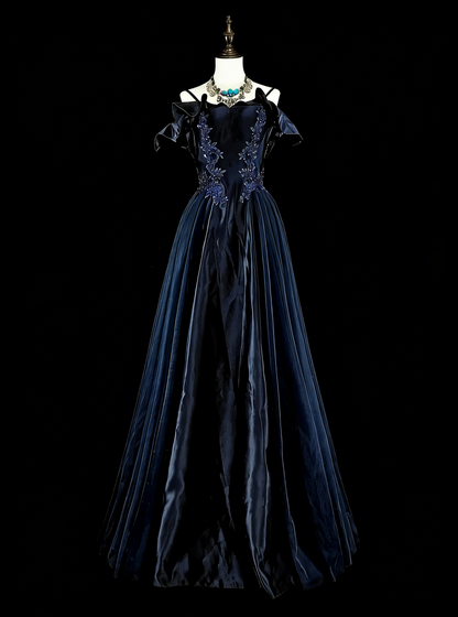 Robe de soirée vintage années 80, coupe trapèze, bretelles spaghetti, tulle bleu marine, robe de bal longue N1754
