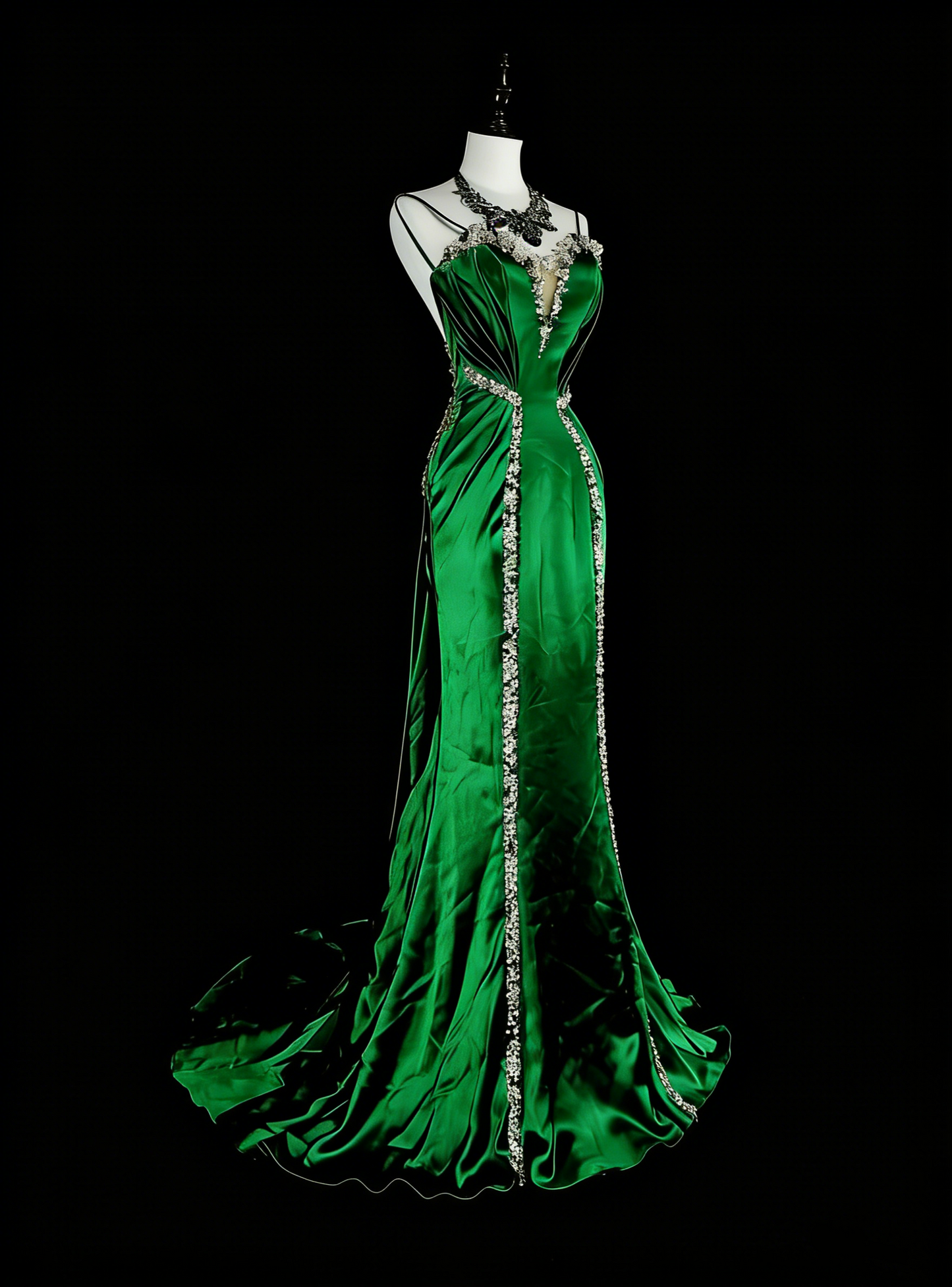 Vintage Meerjungfrauen-Kleid mit Spaghettiträgern, grünem Satin, rückenfrei, langes Abendkleid, formelles Kleid für den 18. Geburtstag, Abschlussball, N1750