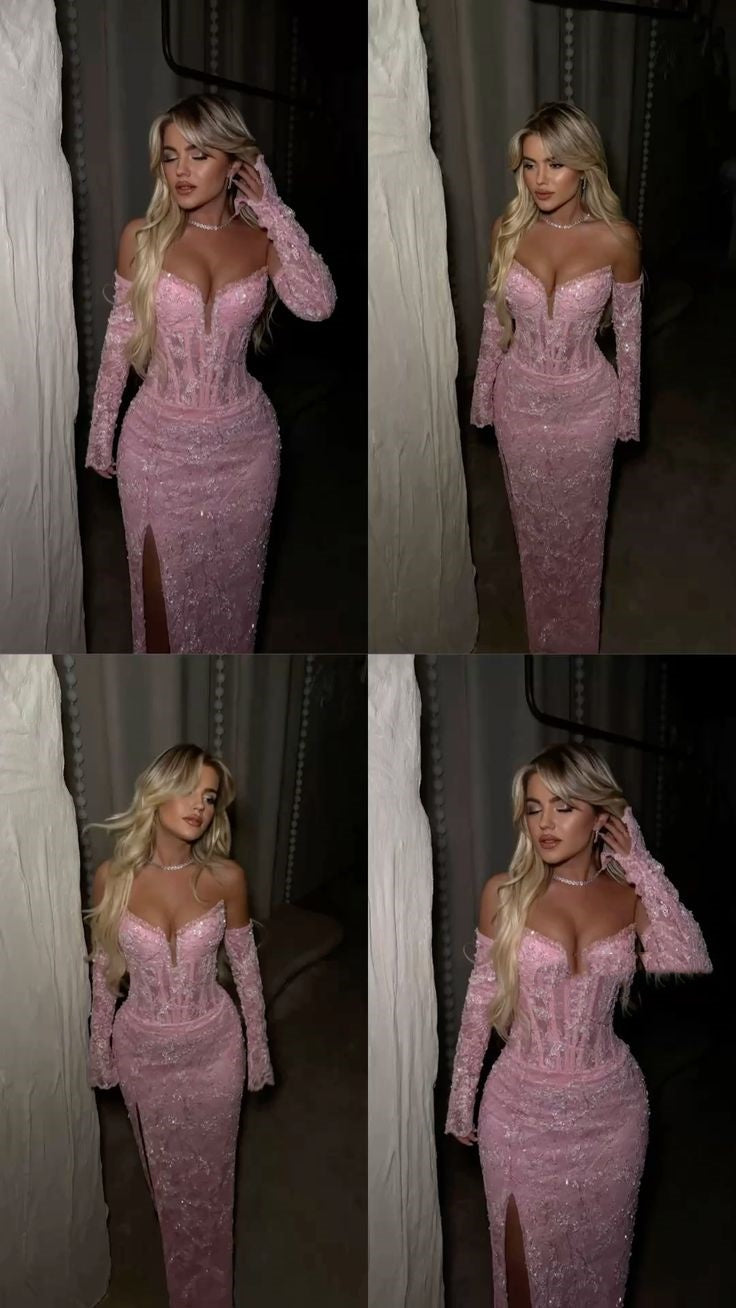 Elegantes, langes Meerjungfrauen-Abendkleid aus rosa Spitze mit Schlitz und Handschuhen, auch als Ballkleid oder Ballkleid geeignet (AB843)