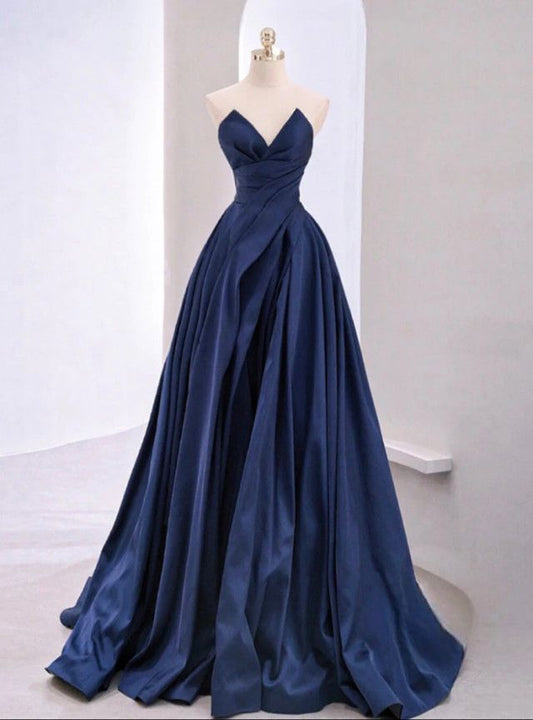 A-Linien-Abendkleid aus marineblauem Satin mit Herzausschnitt, langes formelles Satin-Abendkleid AB205