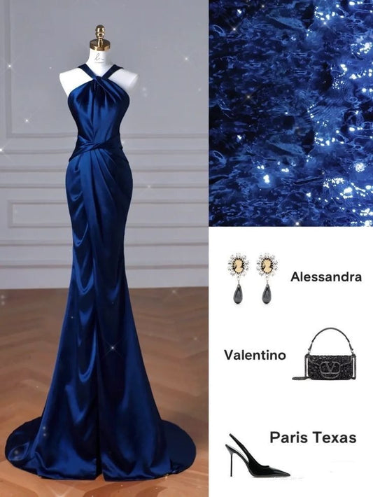 Elegantes Meerjungfrauen-Halterkleid aus marineblauem Satin für Damen, langes formelles Ballkleid, Outfit zum 22. Geburtstag AB1433