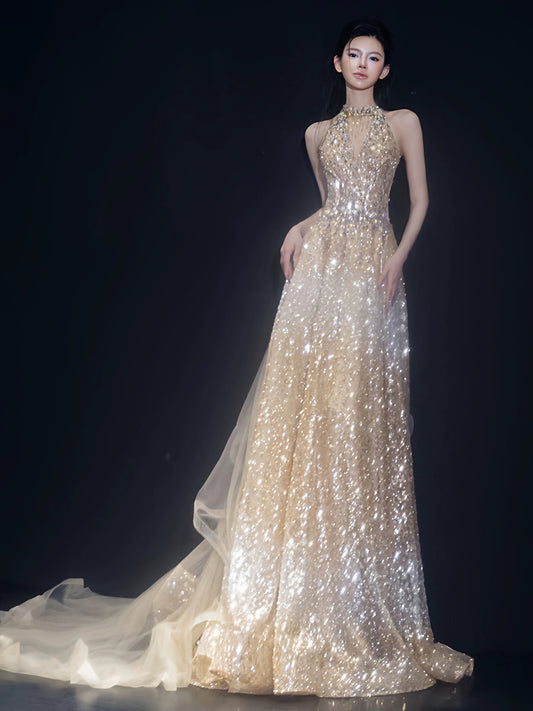 Robe de bal longue princesse à sequins dorés, coupe trapèze, dos nu, style princesse, idéale pour les adolescentes. Robe de soirée, tenue de bal, AB2218