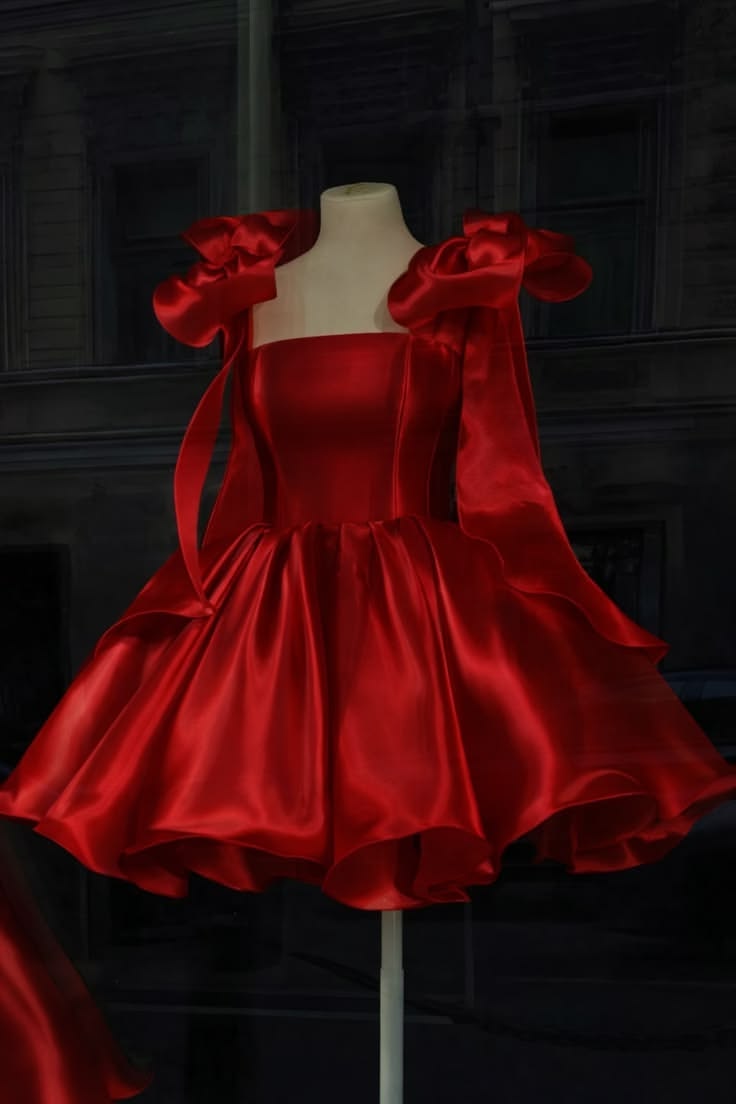 Simple Ball Gown Straps Red Satin With Bow-knot Freshman Short 7th Grade Dance Dresses Inspo Senior Homecoming Outfit RB4750