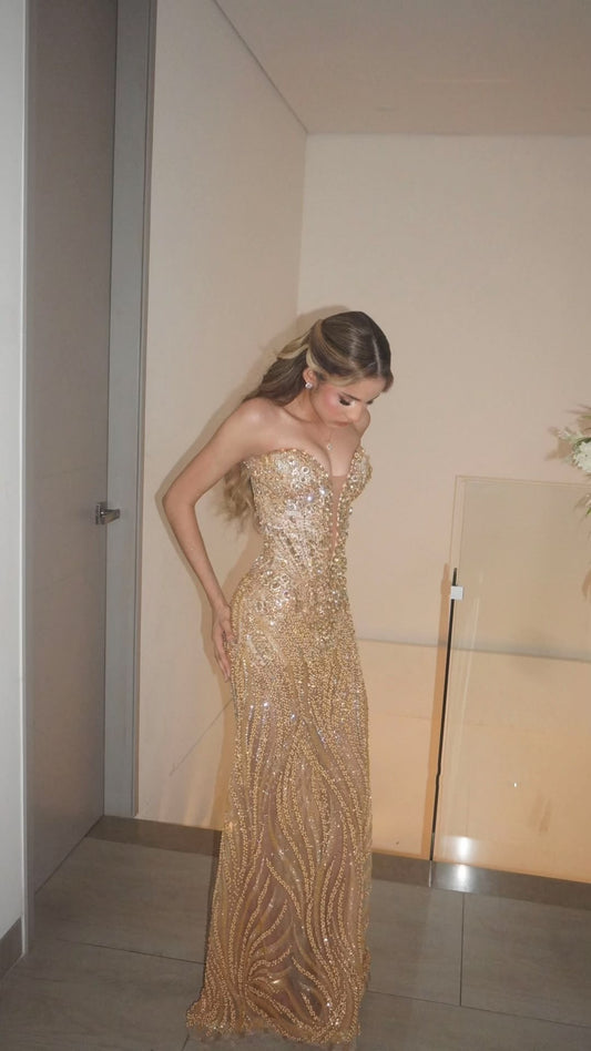 Sexy Mermaid Sweetheart Gold Long Prom Dress With Beaded Bodice Evening Dresses N634
