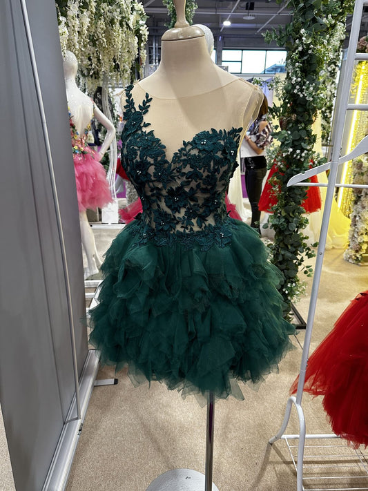 Cute Ball Gown Scoop Dark Green With Appliqued Mini Graduation Hoco Dresses Short Senior Homecoming Outfits RB3694