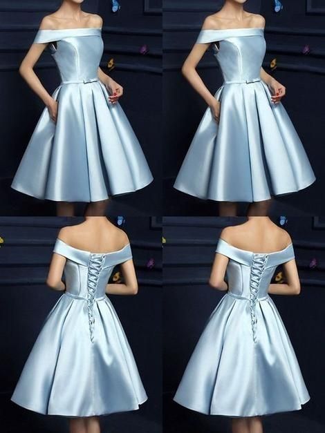 Simple Ball Gown Off The Shoulder Light Sky Blue Homecoming Dresses Knee Length Cocktail Hoco Outfits RB4644